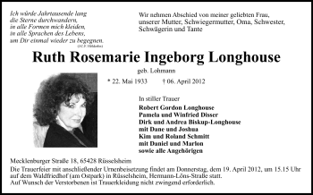 Traueranzeige von Ruth Rosemarie Ingeborg Longhouse von Rüsselsheimer Echo, Groß-Gerauer-Echo, Ried Echo
