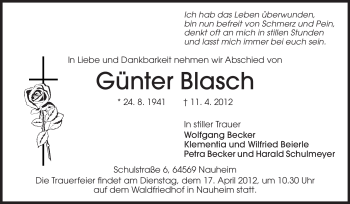 Traueranzeige von Günter Blasch von Rüsselsheimer Echo, Groß-Gerauer-Echo, Ried Echo