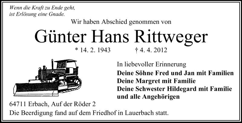  Traueranzeige für Günter Hans Rittweger vom 14.04.2012 aus Odenwälder Echo