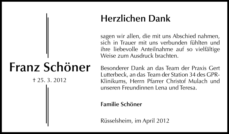  Traueranzeige für Franz Schöner vom 14.04.2012 aus Rüsselsheimer Echo, Groß-Gerauer-Echo, Ried Echo