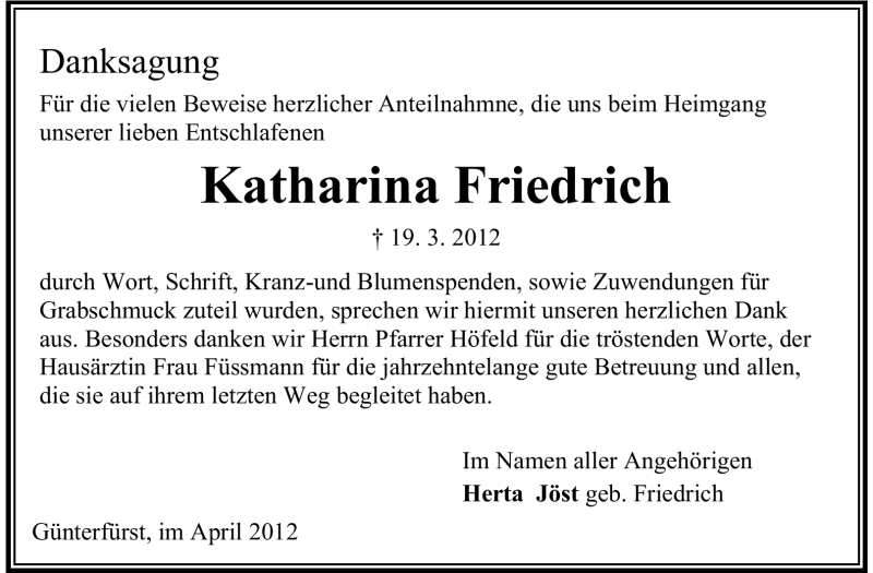  Traueranzeige für Katharina Friedrich vom 14.04.2012 aus Odenwälder Echo
