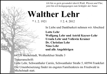 Traueranzeige von Walther Lehr von Odenwälder Echo