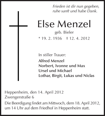 Traueranzeige von Else Menzel von Starkenburger Echo