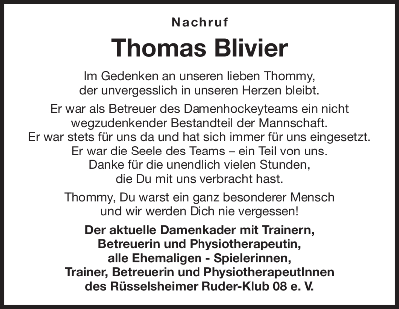  Traueranzeige für Thomas Blivier vom 14.04.2012 aus Rüsselsheimer Echo, Groß-Gerauer-Echo, Ried Echo