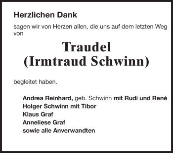 Traueranzeige von Irmtraud Schwinn von Odenwälder Echo