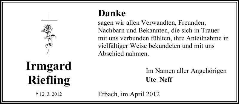  Traueranzeige für Irmgard Riefling vom 14.04.2012 aus Odenwälder Echo