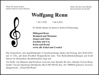 Traueranzeige von Wolfgang Renn von Starkenburger Echo