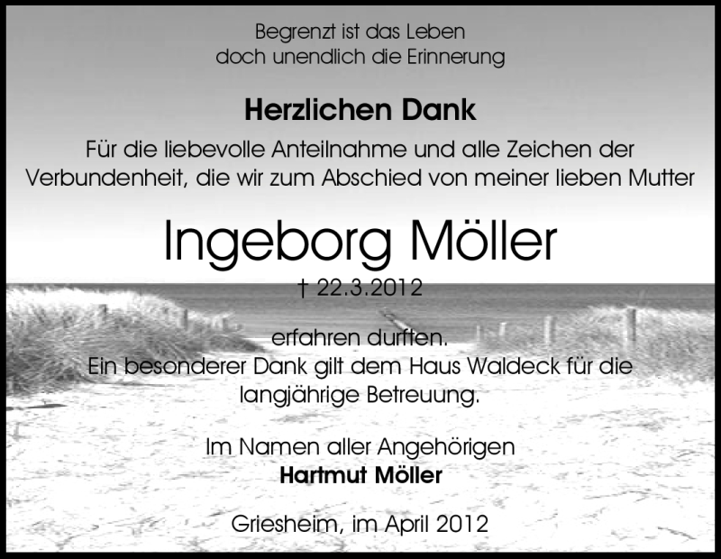  Traueranzeige für Ingeborg Möller vom 14.04.2012 aus Echo-Zeitungen (Gesamtausgabe)