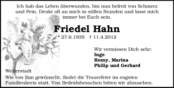 Traueranzeige von Friedel Hahn von Echo-Zeitungen (Gesamtausgabe)