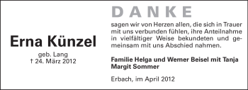 Traueranzeige von Erna Künzel von Odenwälder Echo