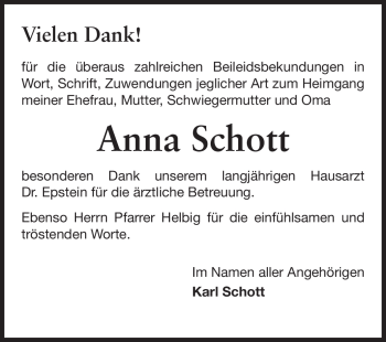 Traueranzeige von Anna Schott von Echo-Zeitungen (Gesamtausgabe)