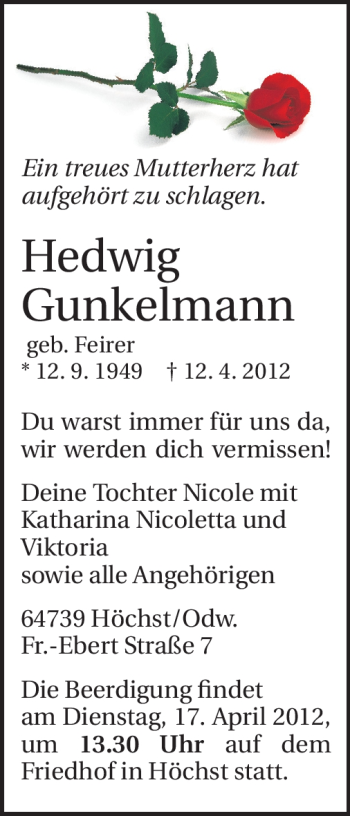 Traueranzeige von Hedwig Gunkelmann von Odenwälder Echo