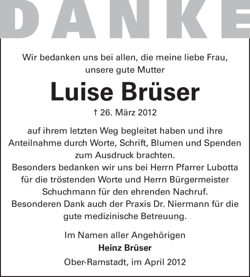  Traueranzeige für Heinz Brüser vom 16.04.2012 aus Echo-Zeitungen (Gesamtausgabe)