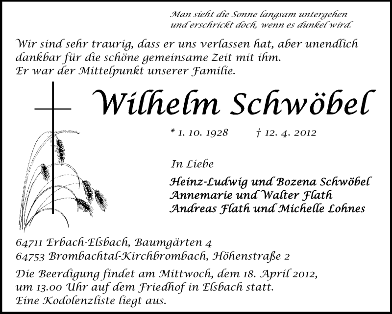  Traueranzeige für Wilhelm Schwöbel vom 16.04.2012 aus Odenwälder Echo