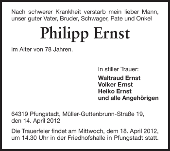 Traueranzeige von Philipp Ernst von Darmstädter Echo, Odenwälder Echo, Rüsselsheimer Echo, Groß-Gerauer-Echo, Ried Echo