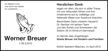 Traueranzeige von Werner Breuer von Echo-Zeitungen (Gesamtausgabe)