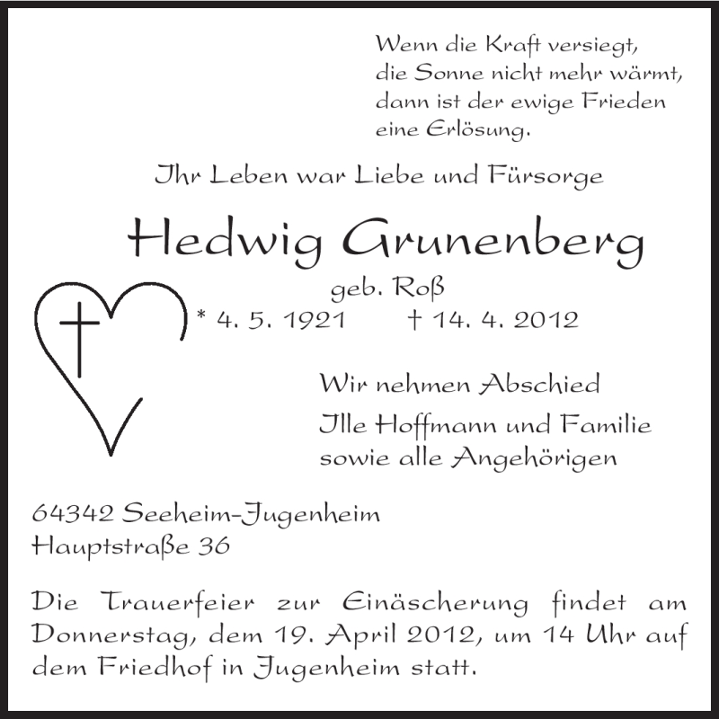  Traueranzeige für Hedwig Grunenberg vom 17.04.2012 aus Echo-Zeitungen (Gesamtausgabe)