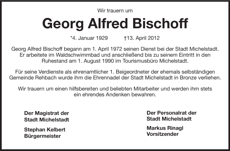  Traueranzeige für Georg Alfred Bischoff vom 17.04.2012 aus Odenwälder Echo
