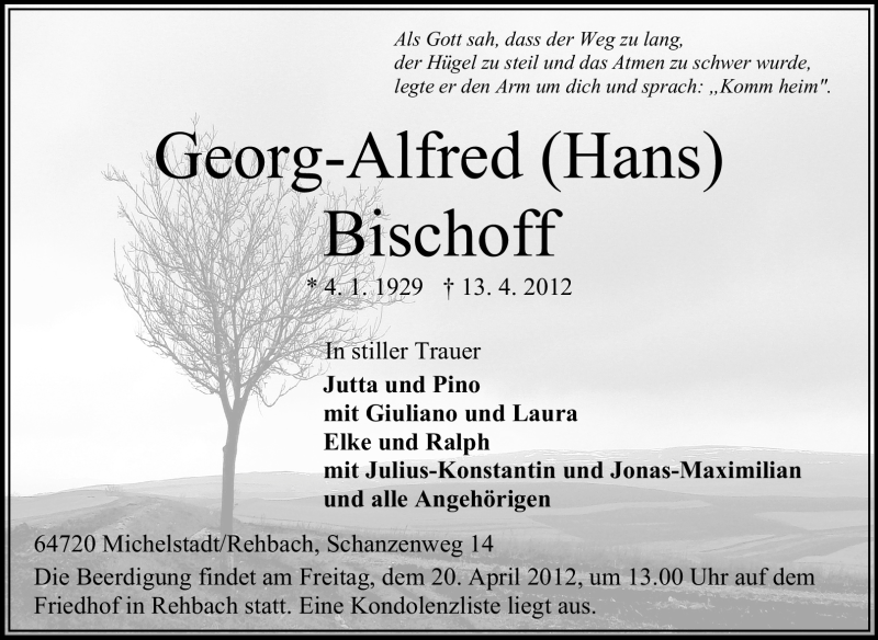  Traueranzeige für Georg-Alfred (Hans) Bischoff vom 17.04.2012 aus Odenwälder Echo
