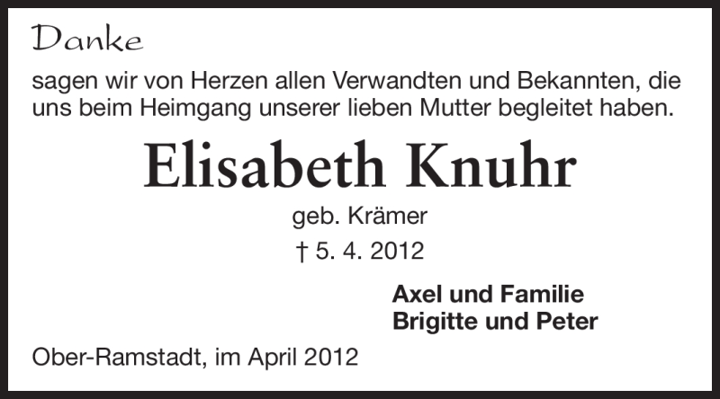  Traueranzeige für Elisabeth Knuhr vom 21.04.2012 aus Echo-Zeitungen (Gesamtausgabe)