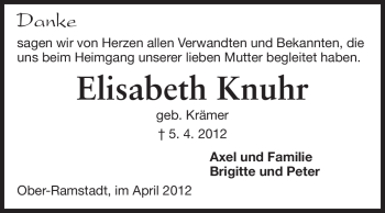 Traueranzeige von Elisabeth Knuhr von Echo-Zeitungen (Gesamtausgabe)