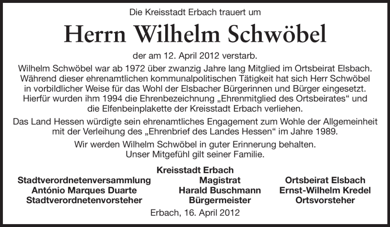  Traueranzeige für Wilhelm Schwöbel vom 17.04.2012 aus Odenwälder Echo