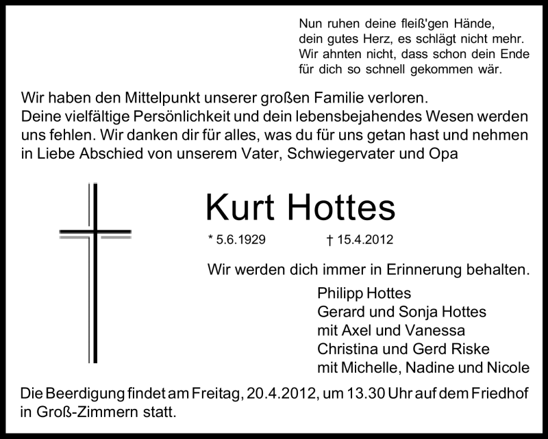  Traueranzeige für Kurt Hottes vom 17.04.2012 aus Echo-Zeitungen (Gesamtausgabe)