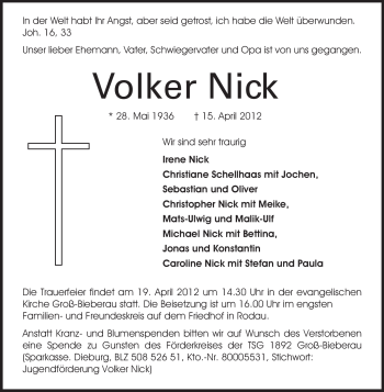 Traueranzeige von Volker Nick von Echo-Zeitungen (Gesamtausgabe)