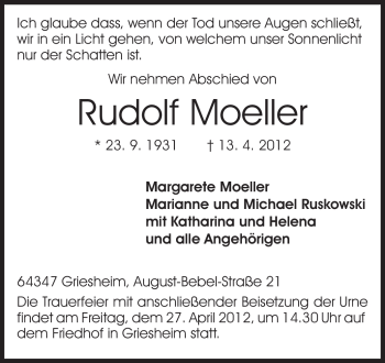 Traueranzeige von Rudolf Moeller von Echo-Zeitungen (Gesamtausgabe)