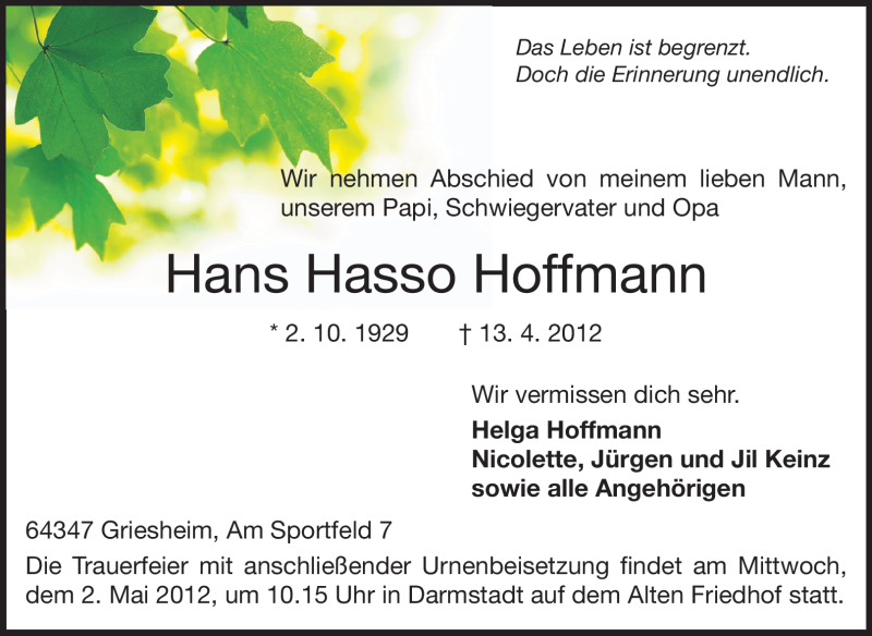 Traueranzeige für Hans Hasso Hoffmann vom 21.04.2012 aus Echo-Zeitungen (Gesamtausgabe)