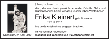 Traueranzeige von Erika Kleinert von Echo-Zeitungen (Gesamtausgabe)