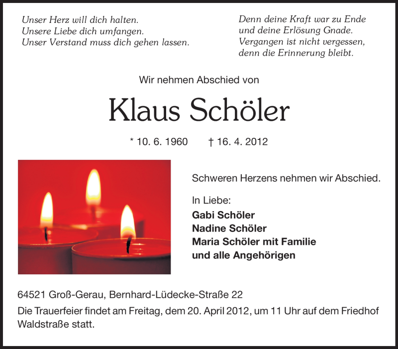  Traueranzeige für Klaus Schöler vom 18.04.2012 aus Rüsselsheimer Echo, Groß-Gerauer-Echo, Ried Echo