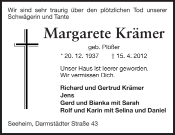 Traueranzeige von Margarete Krämer von Echo-Zeitungen (Gesamtausgabe)