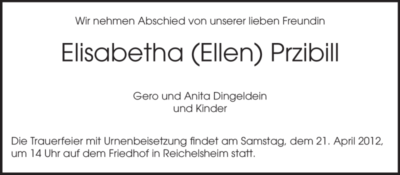  Traueranzeige für Elisabetha Przibill vom 19.04.2012 aus Odenwälder Echo