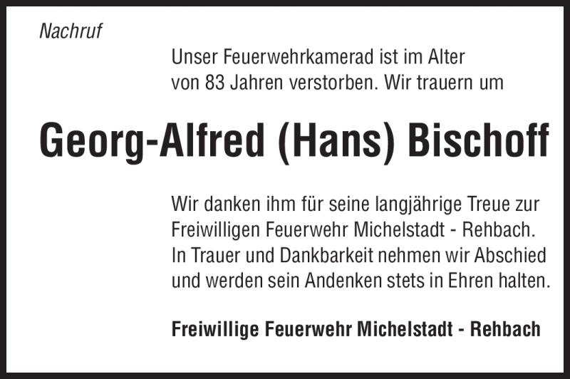  Traueranzeige für Georg-Alfred (Hans) Bischoff vom 18.04.2012 aus Odenwälder Echo