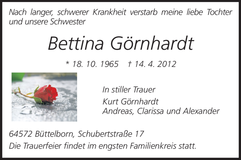  Traueranzeige für Bettina Görnhardt vom 19.04.2012 aus Rüsselsheimer Echo, Groß-Gerauer-Echo, Ried Echo