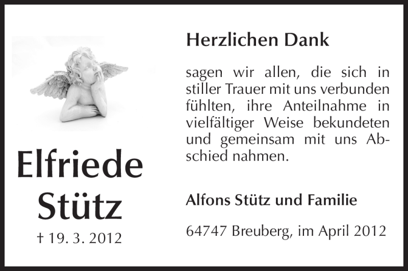  Traueranzeige für Elfriede Stütz vom 19.04.2012 aus Odenwälder Echo