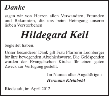 Traueranzeige von Hildegard Keil von Rüsselsheimer Echo, Groß-Gerauer-Echo, Ried Echo