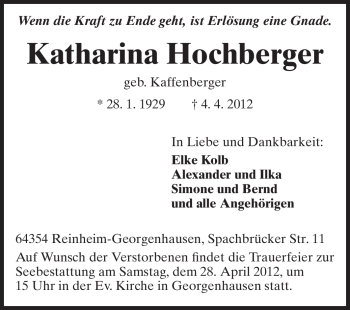 Traueranzeige von Katharina Hochberger von Echo-Zeitungen (Gesamtausgabe)