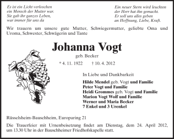 Traueranzeige von Johanna Vogt von Rüsselsheimer Echo, Groß-Gerauer-Echo, Ried Echo