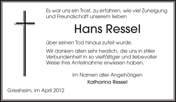 Traueranzeige von Hans Ressel von Echo-Zeitungen (Gesamtausgabe)