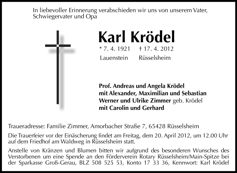  Traueranzeige für Karl Krödel vom 19.04.2012 aus Rüsselsheimer Echo, Groß-Gerauer-Echo, Ried Echo