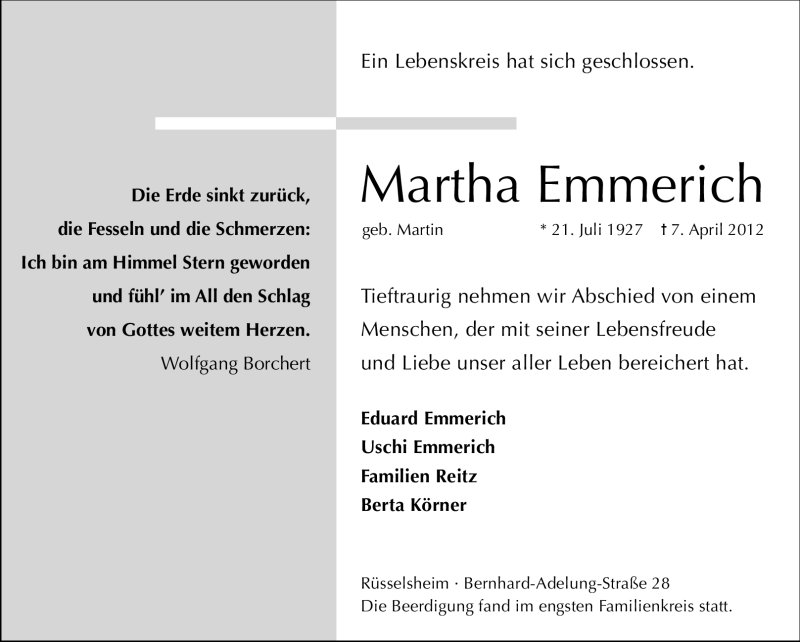  Traueranzeige für Martha Emmerich vom 21.04.2012 aus Rüsselsheimer Echo, Groß-Gerauer-Echo, Ried Echo