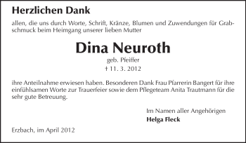 Traueranzeige von Dina Neuroth von Odenwälder Echo