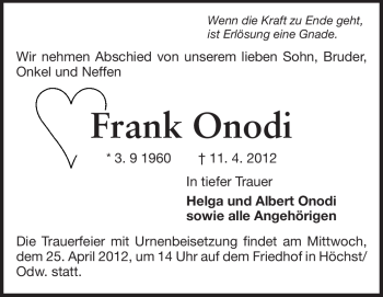 Traueranzeige von Frank Onodi von Odenwälder Echo