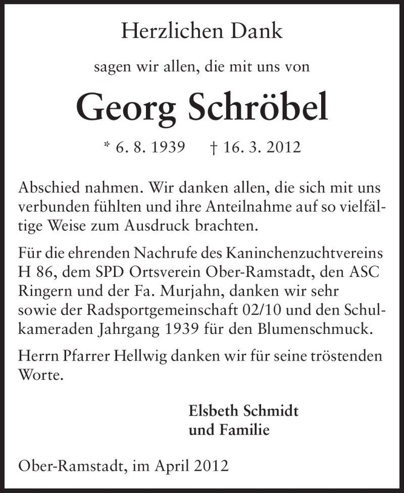  Traueranzeige für Georg Schröbel vom 21.04.2012 aus Darmstädter Echo, Odenwälder Echo, Rüsselsheimer Echo, Groß-Gerauer-Echo, Ried Echo