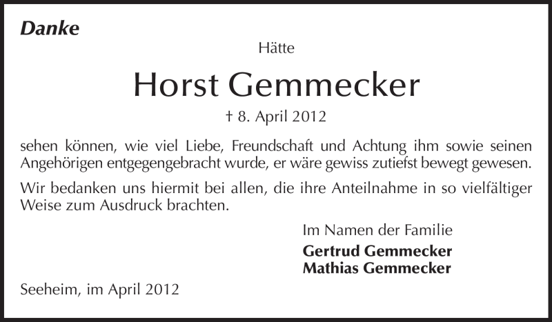  Traueranzeige für Horst Gemmecker vom 21.04.2012 aus Echo-Zeitungen (Gesamtausgabe)