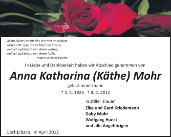 Traueranzeige von Anna Katharina Mohr von Odenwälder Echo