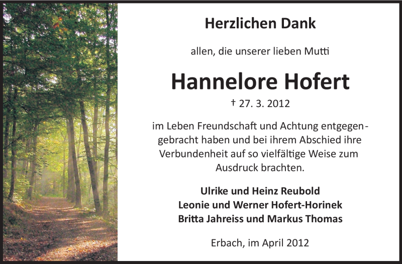  Traueranzeige für Hannelore Hofert vom 20.04.2012 aus Odenwälder Echo