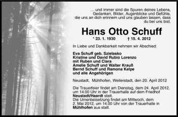 Traueranzeige von Hans Otto Schuff von Echo-Zeitungen (Gesamtausgabe)